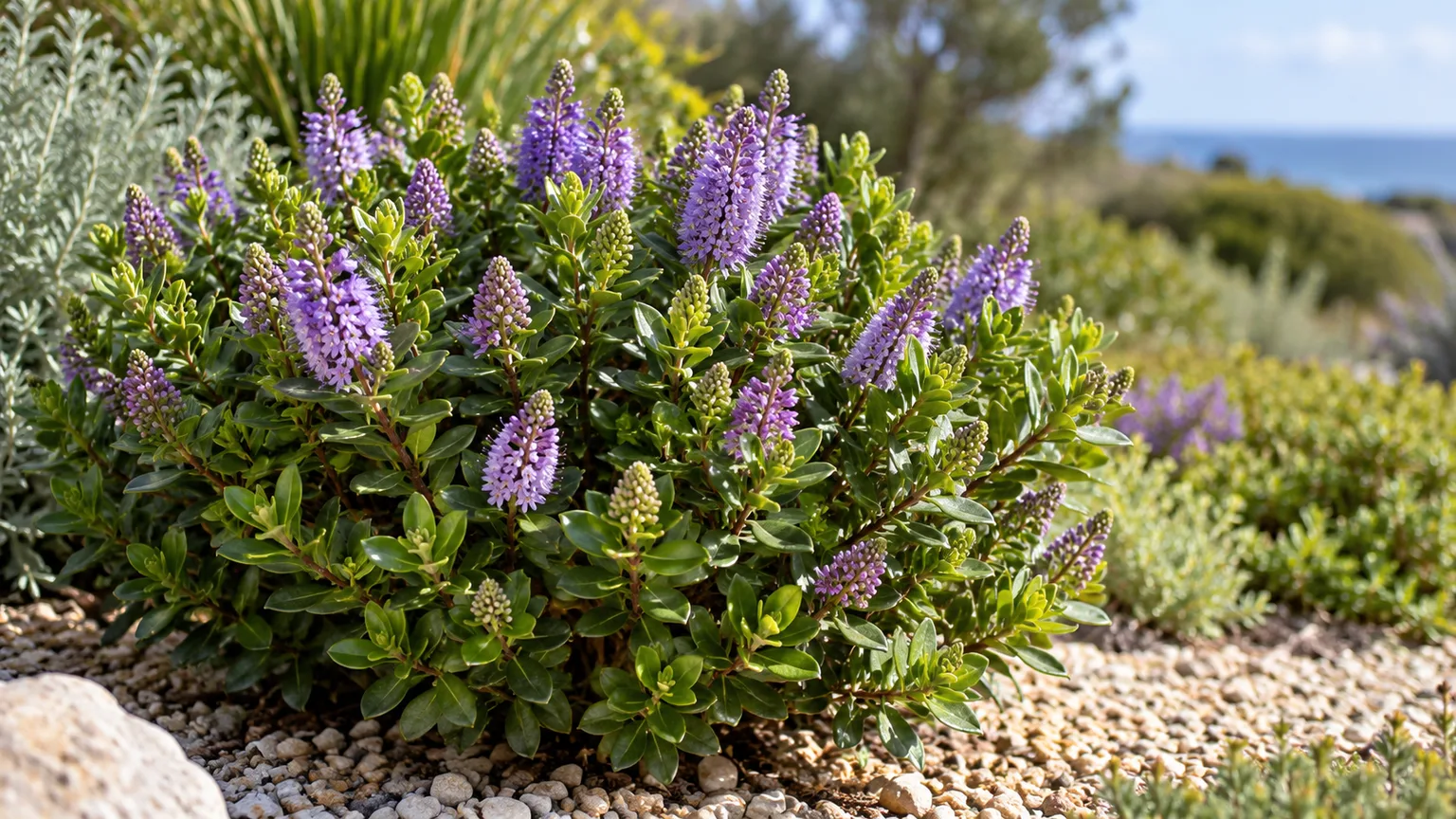 Healthy compact Hebe shrub with glossy green leaves and purple flower spikes in a sunny garden