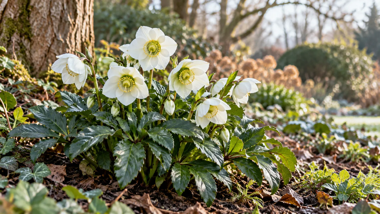 Healthy Helleborus niger with white winter flowers and glossy foliage in a shaded garden