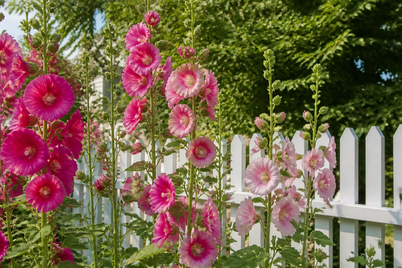 Tall hollyhock flower spikes with cup-shaped pink blooms against a sunny fence