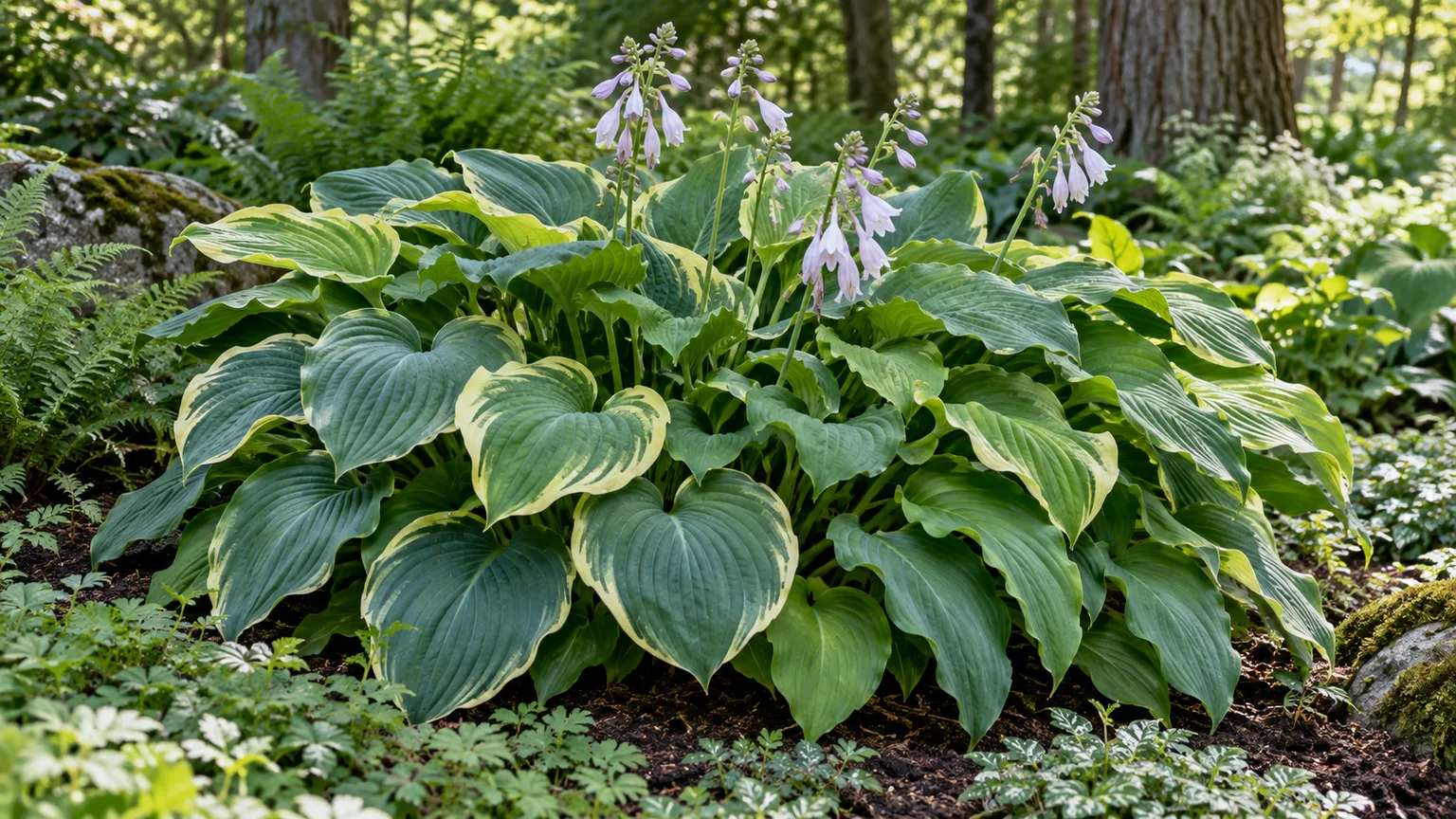 Broad hosta leaves and summer flower stalks in shade