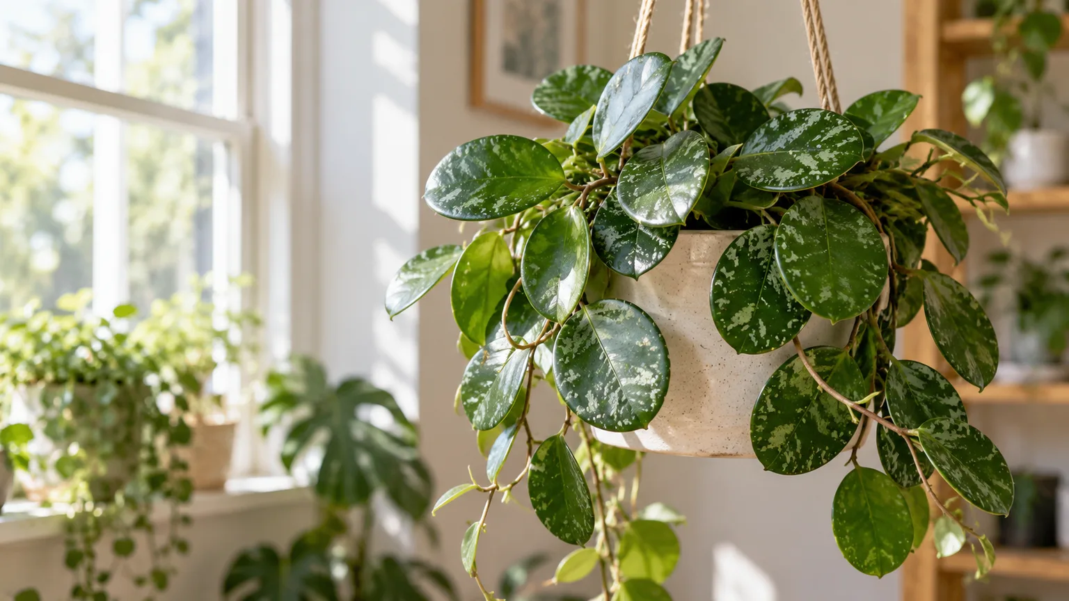 Healthy Hoya obovata with round green leaves marked by silver splash in a bright indoor corner