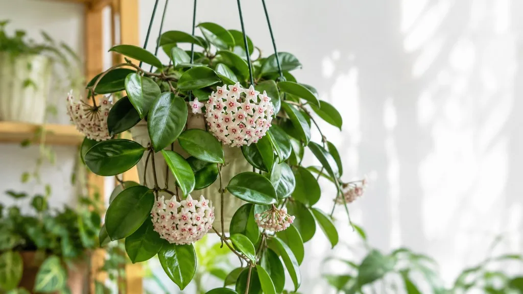 Hoya with waxy trailing vines in a hanging basket