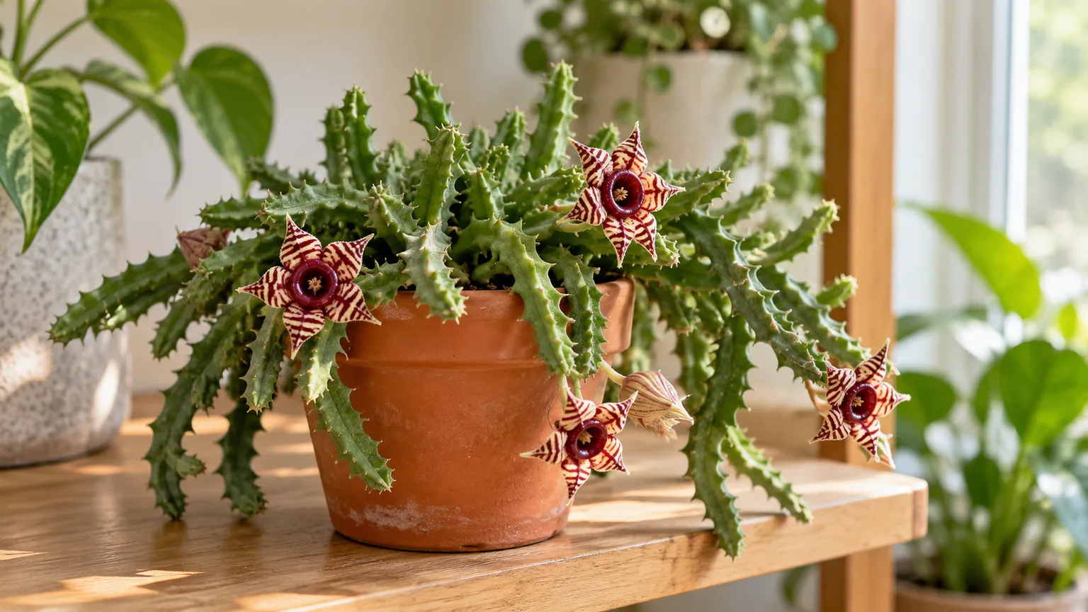 Healthy Huernia zebrina with striped flowers and trailing, fleshy stems in a terracotta pot