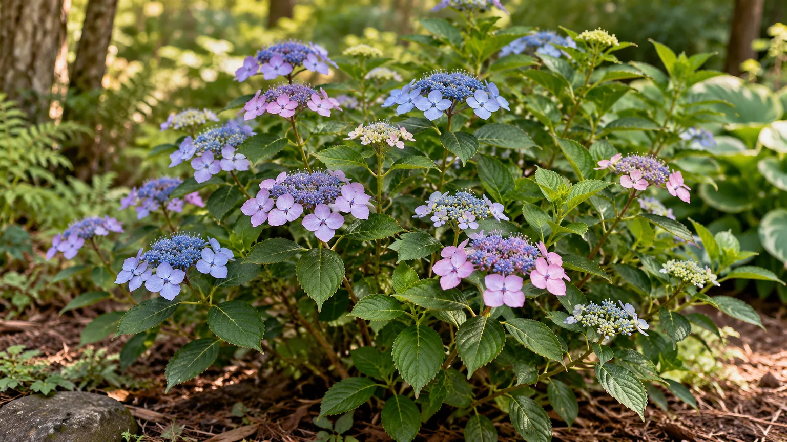 Hydrangea serrata with blue and pink lacecap flowers in a sheltered garden