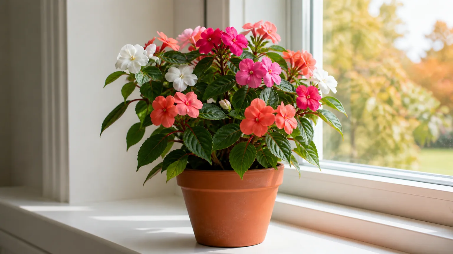 Healthy flowering impatiens in a terracotta pot on a bright indoor windowsill