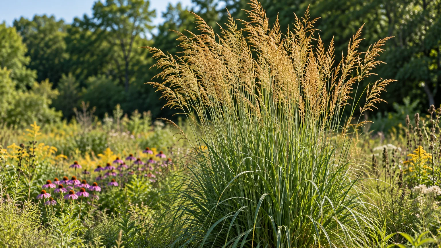Healthy Indiangrass with golden panicles in a sunny native garden