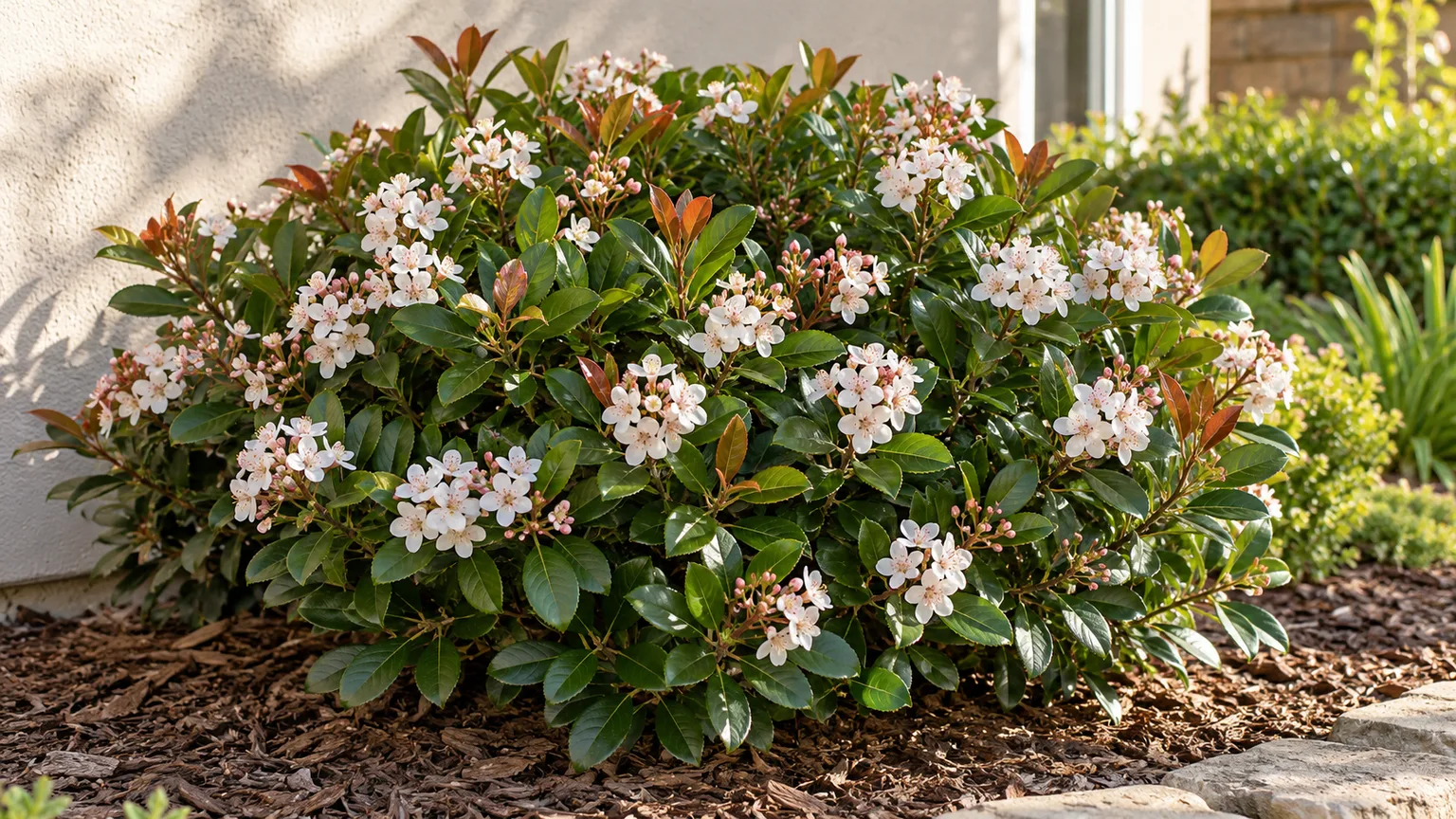 Indian hawthorn shrub with glossy evergreen foliage and pale spring flower clusters