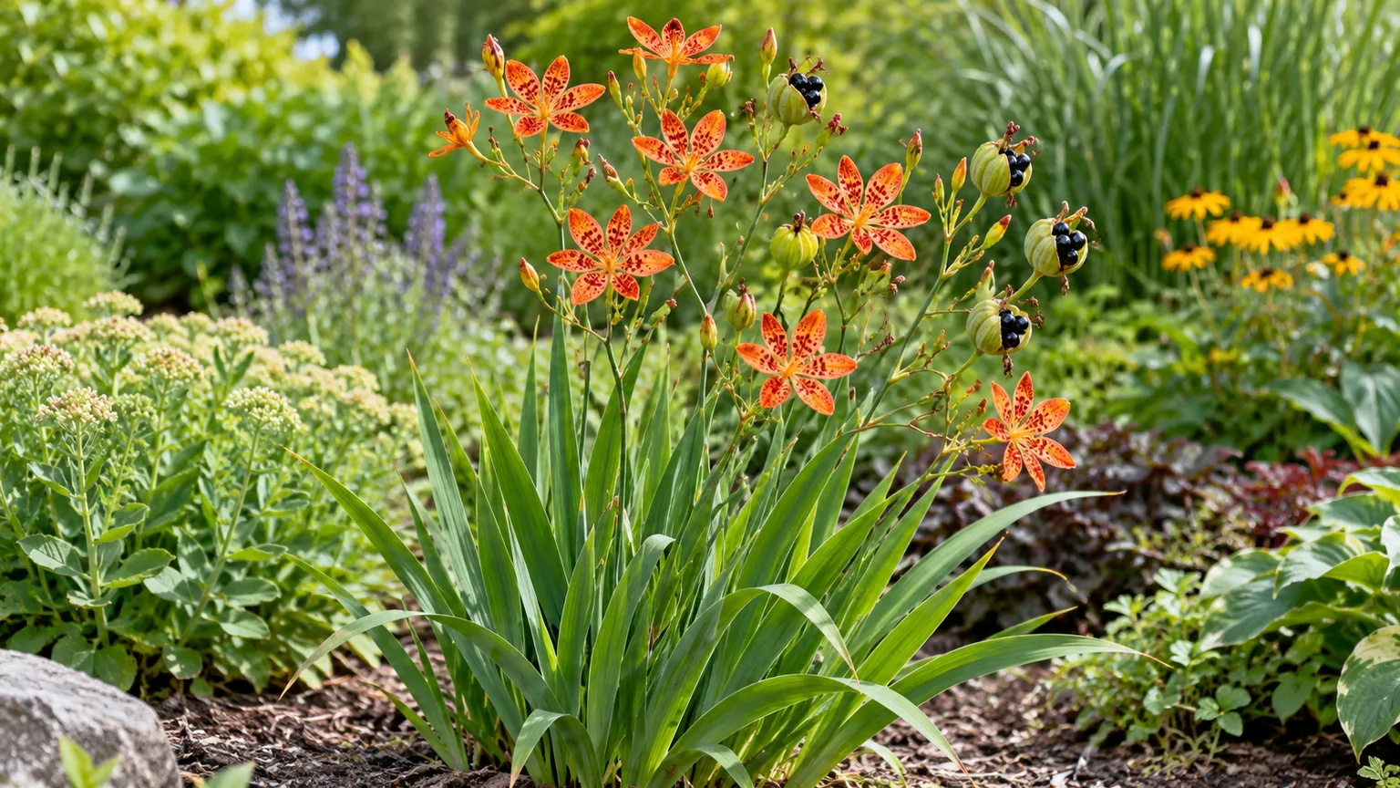 Healthy blackberry lily with spotted orange flowers and glossy black seed clusters in a sunny garden