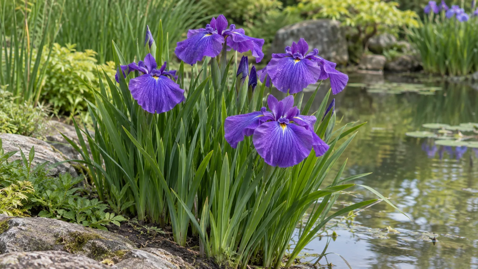 Japanese iris with broad violet flowers and upright leaves at a pond edge