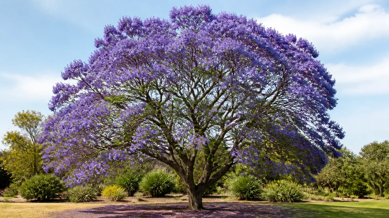 Healthy jacaranda tree covered in lavender-blue flowers in a sunny garden