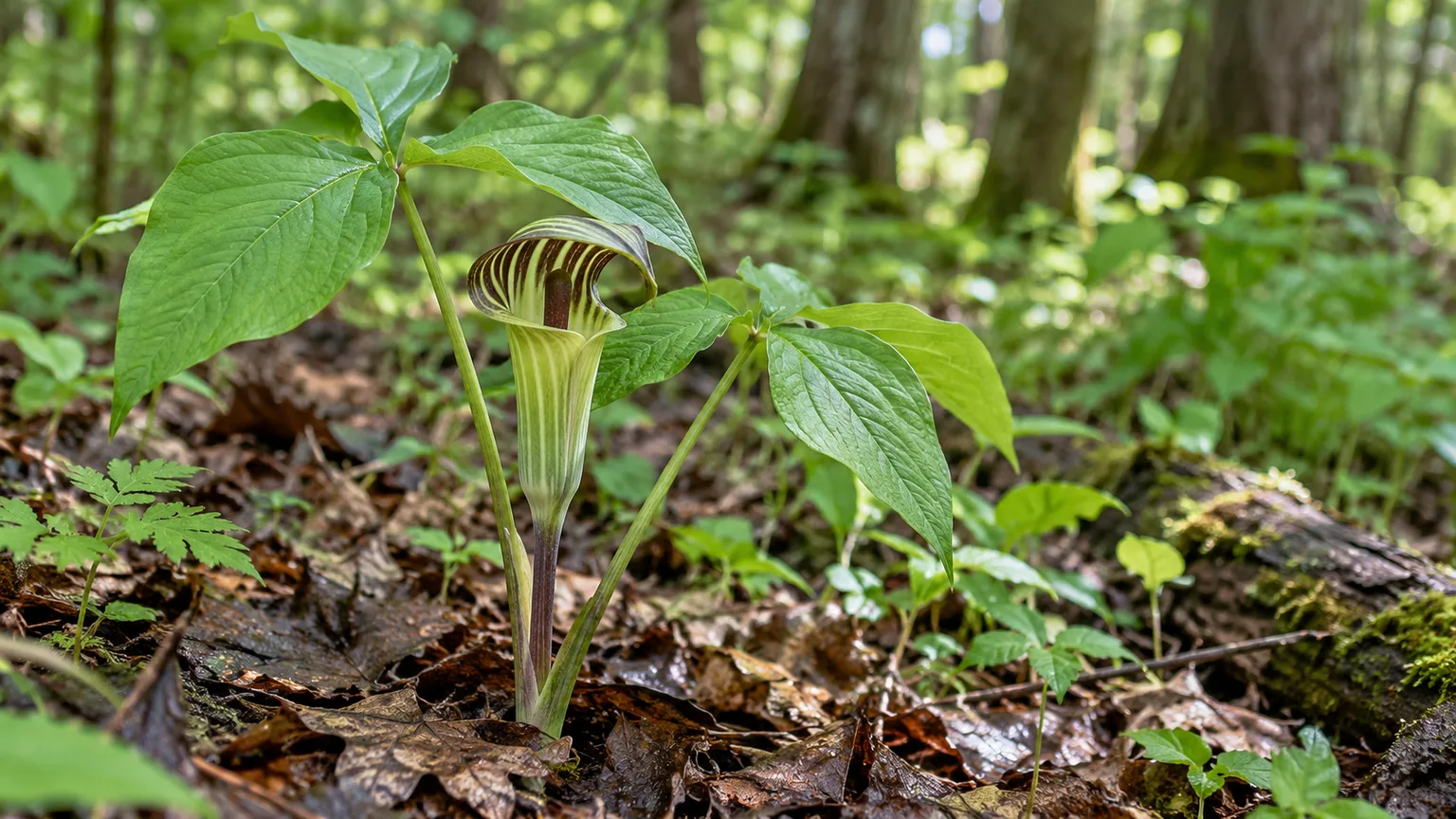 Jack-in-the-pulpit with a striped hooded spathe and three-part leaves on a shaded woodland floor
