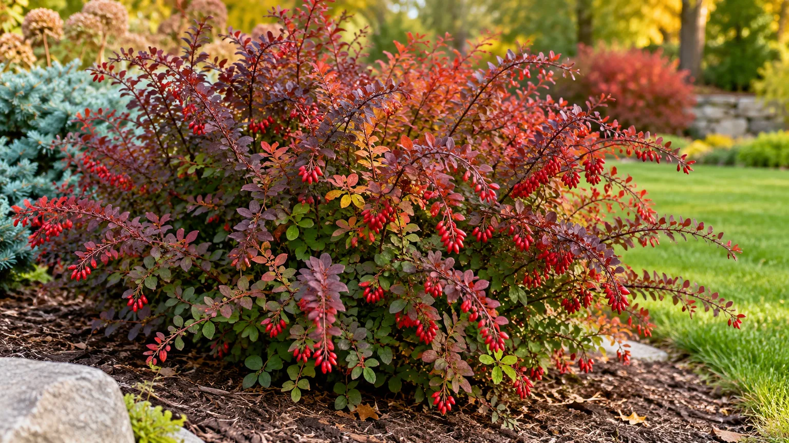 Japanese barberry with burgundy fall foliage and bright red berries