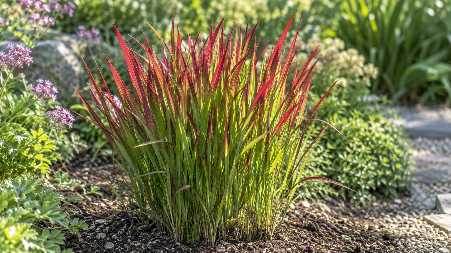 Healthy Japanese blood grass with red-tipped green blades in a sunny garden bed