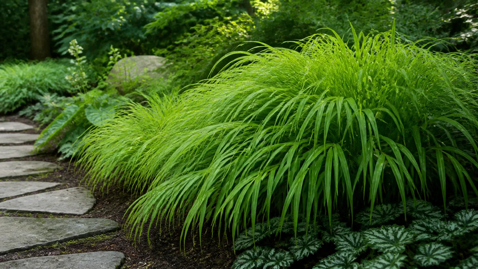 Green Japanese forest grass forming arching, cascading mounds along a shaded stone path