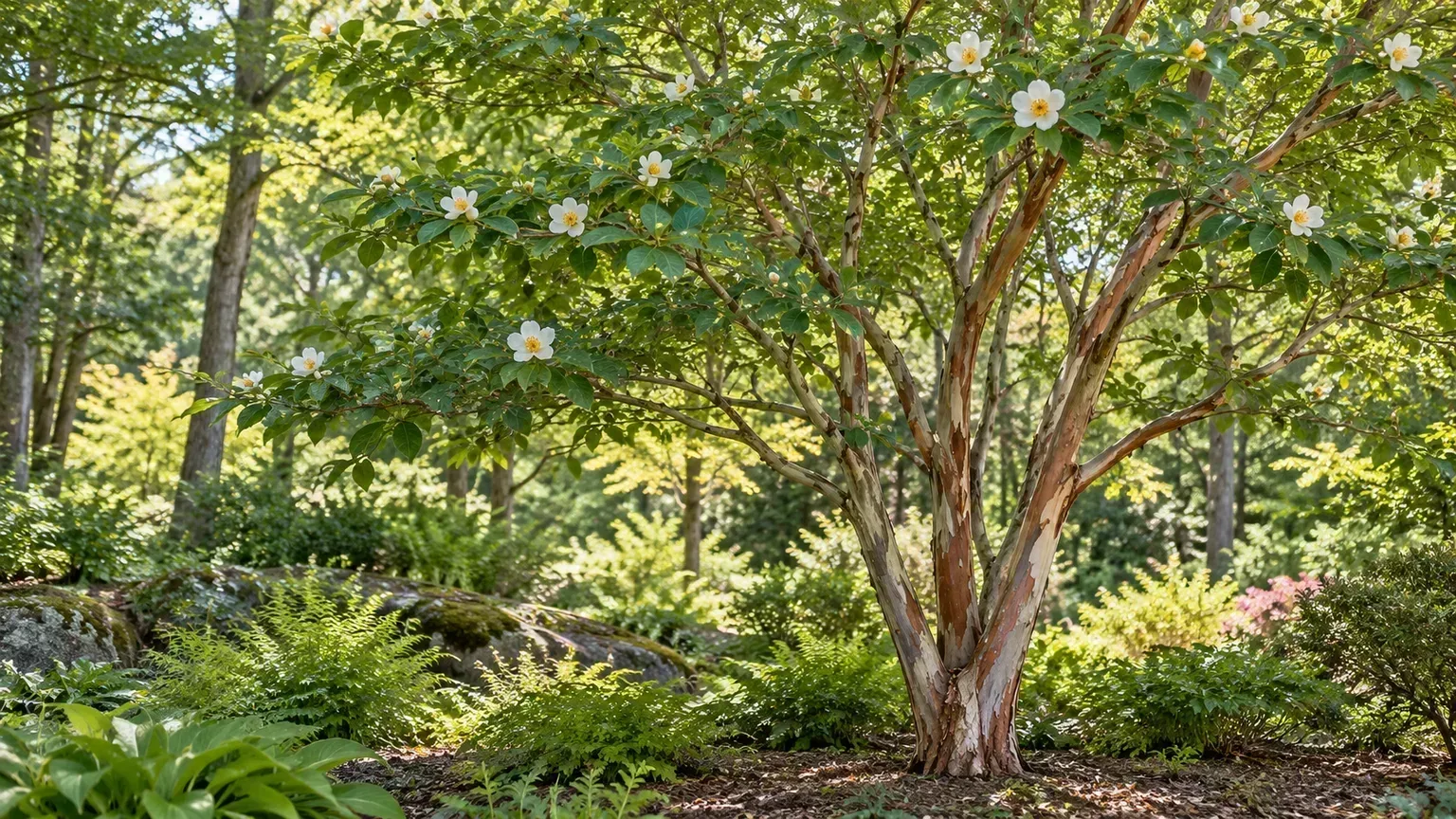 Japanese stewartia with summer flowers and mottled bark