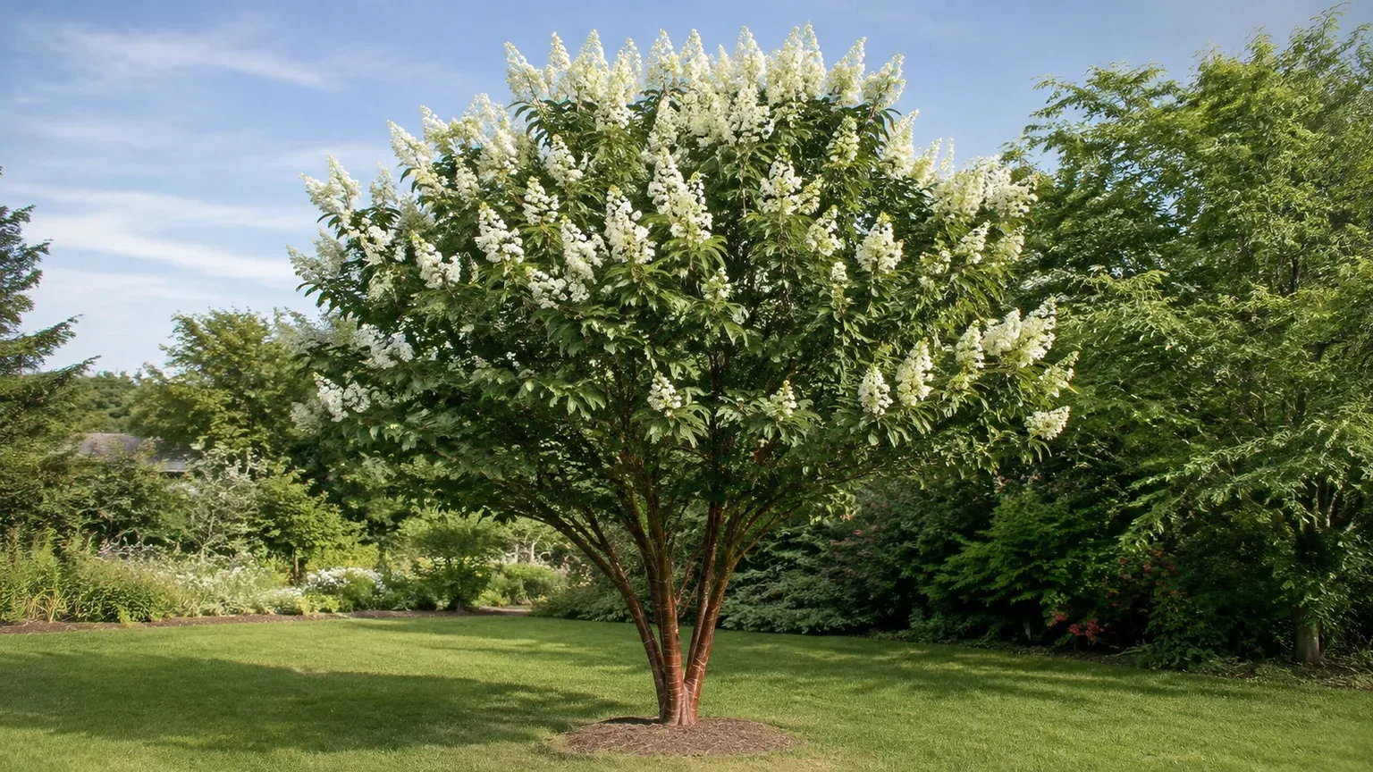 Healthy Japanese tree lilac with creamy-white flower panicles and reddish-brown bark in a sunny garden