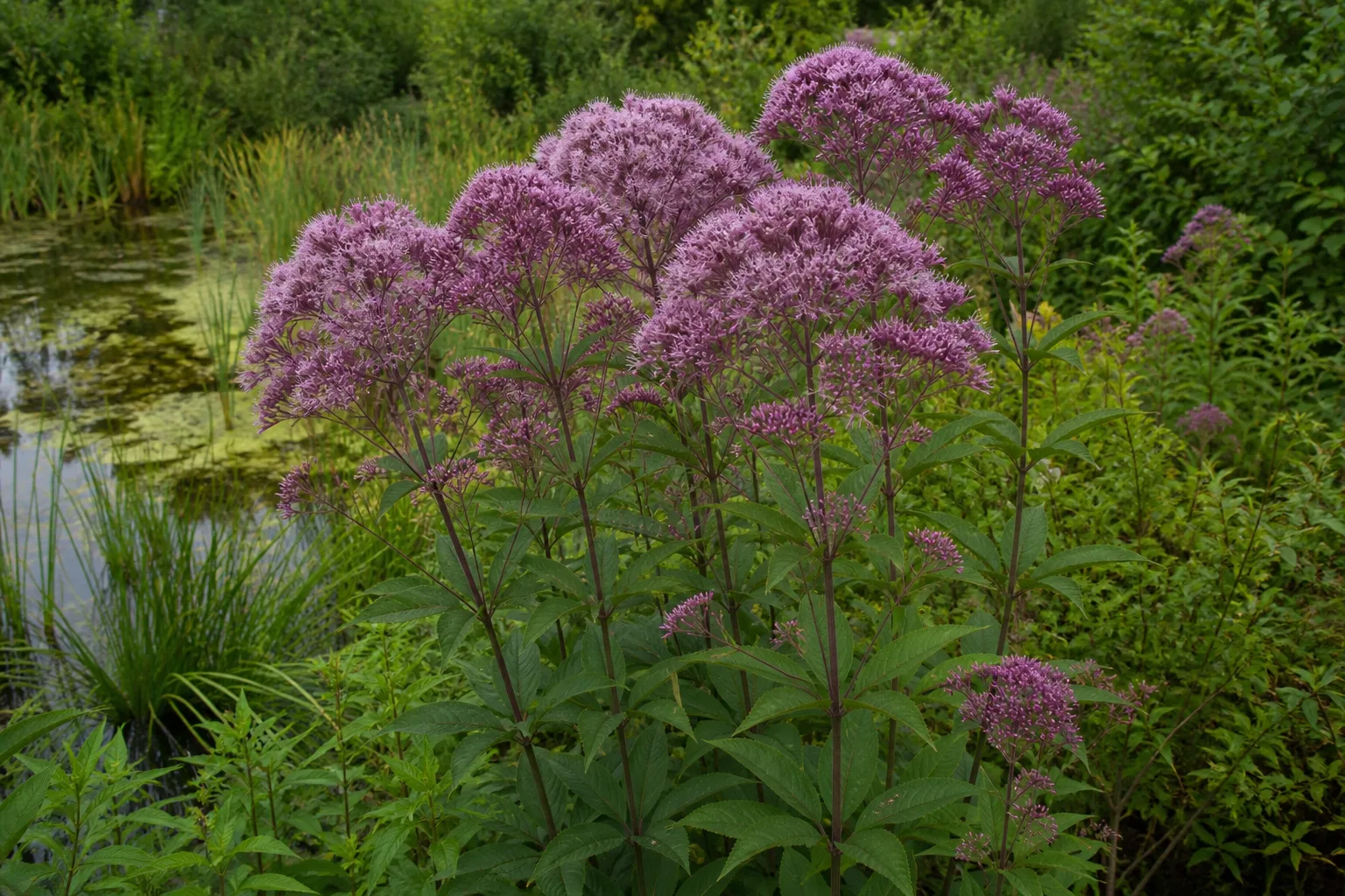 Tall Joe Pye weed with dome-shaped pink-purple flower clusters in a moist native border