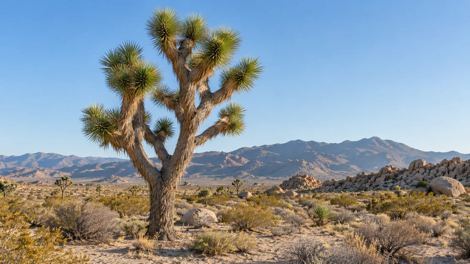 A mature Joshua tree with a branching trunk and spiky blue-green crowns in the Mojave Desert