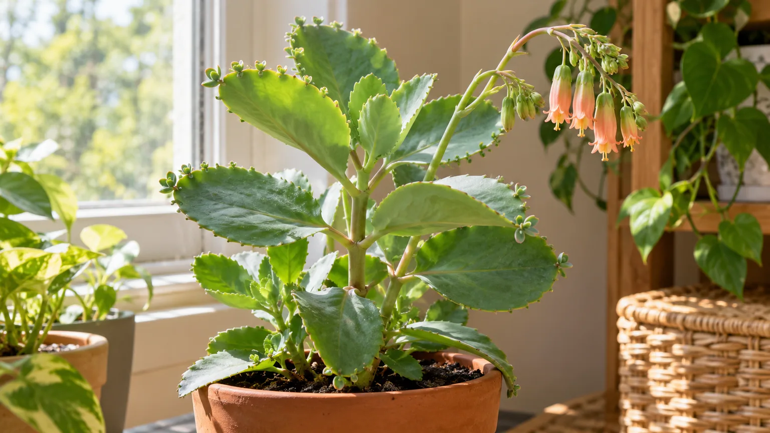 Healthy Kalanchoe pinnata with scalloped leaves and hanging cathedral-bell flowers