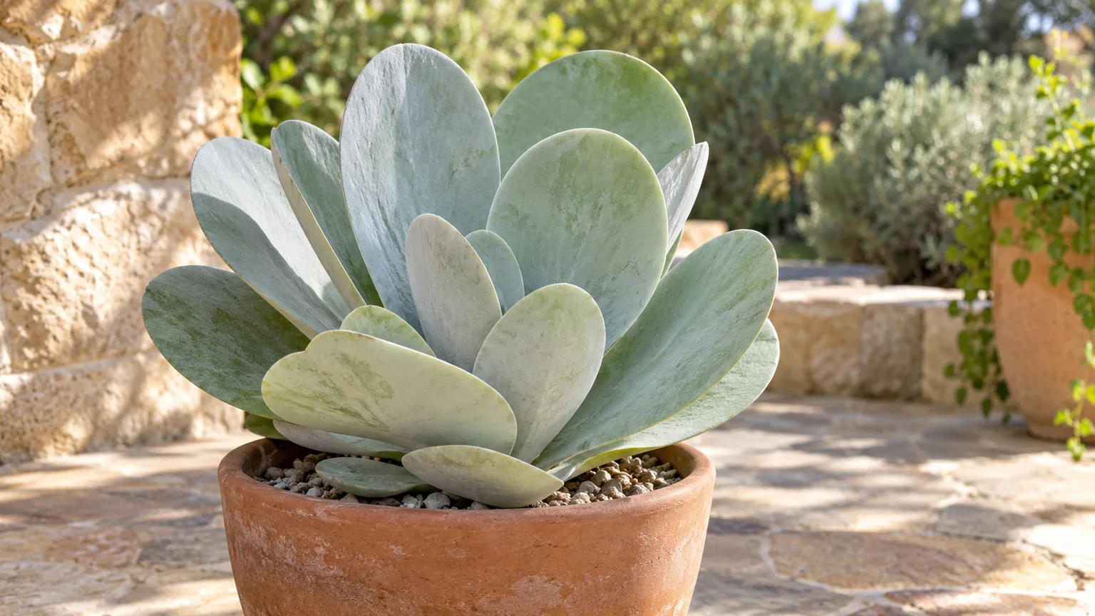 Healthy Kalanchoe thyrsiflora with chalky gray-green paddle leaves in a terracotta pot on a sunny patio