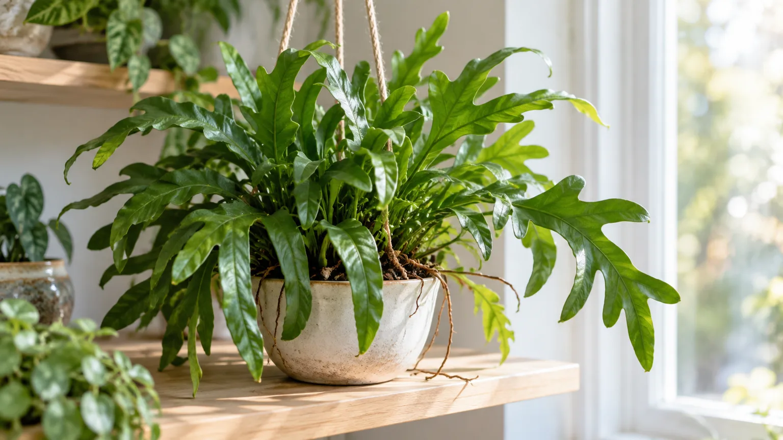 Healthy kangaroo paw fern with leathery, lobed fronds and creeping rhizomes in a bright indoor plant corner