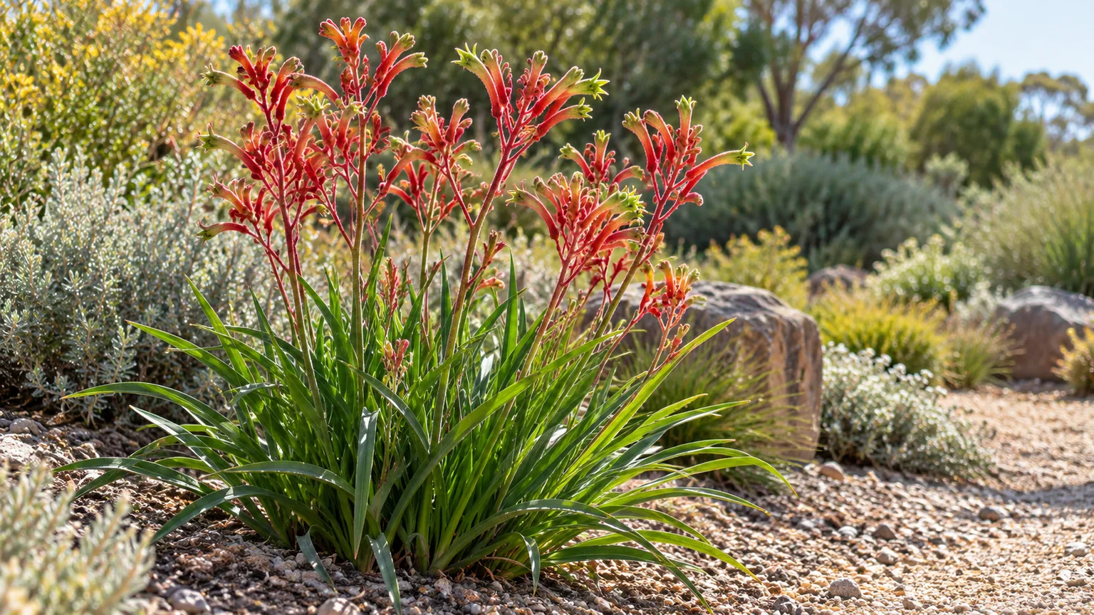 Healthy Anigozanthos kangaroo paw with coral red and green flowers in a sunny garden