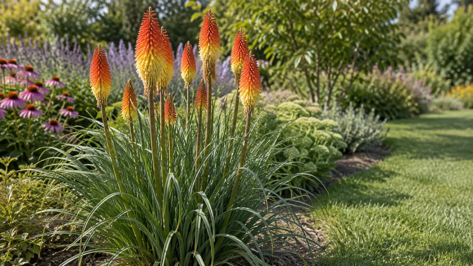Healthy red hot poker (Kniphofia) clump with orange and yellow flower spikes in a sunny garden border
