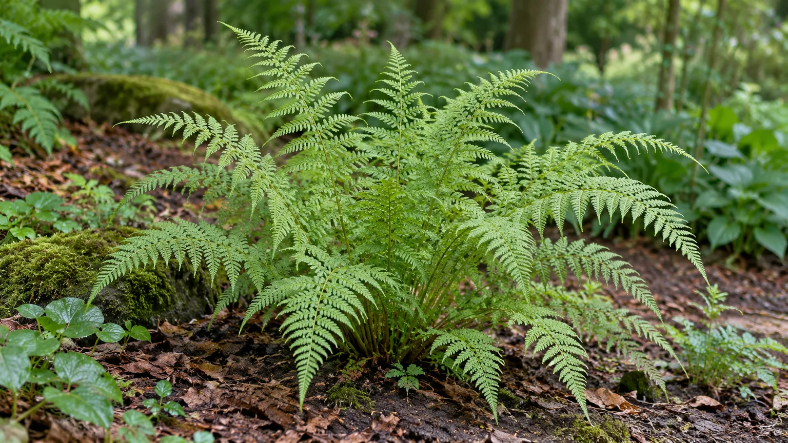 Healthy lady fern with finely divided arching fronds in a shaded woodland garden