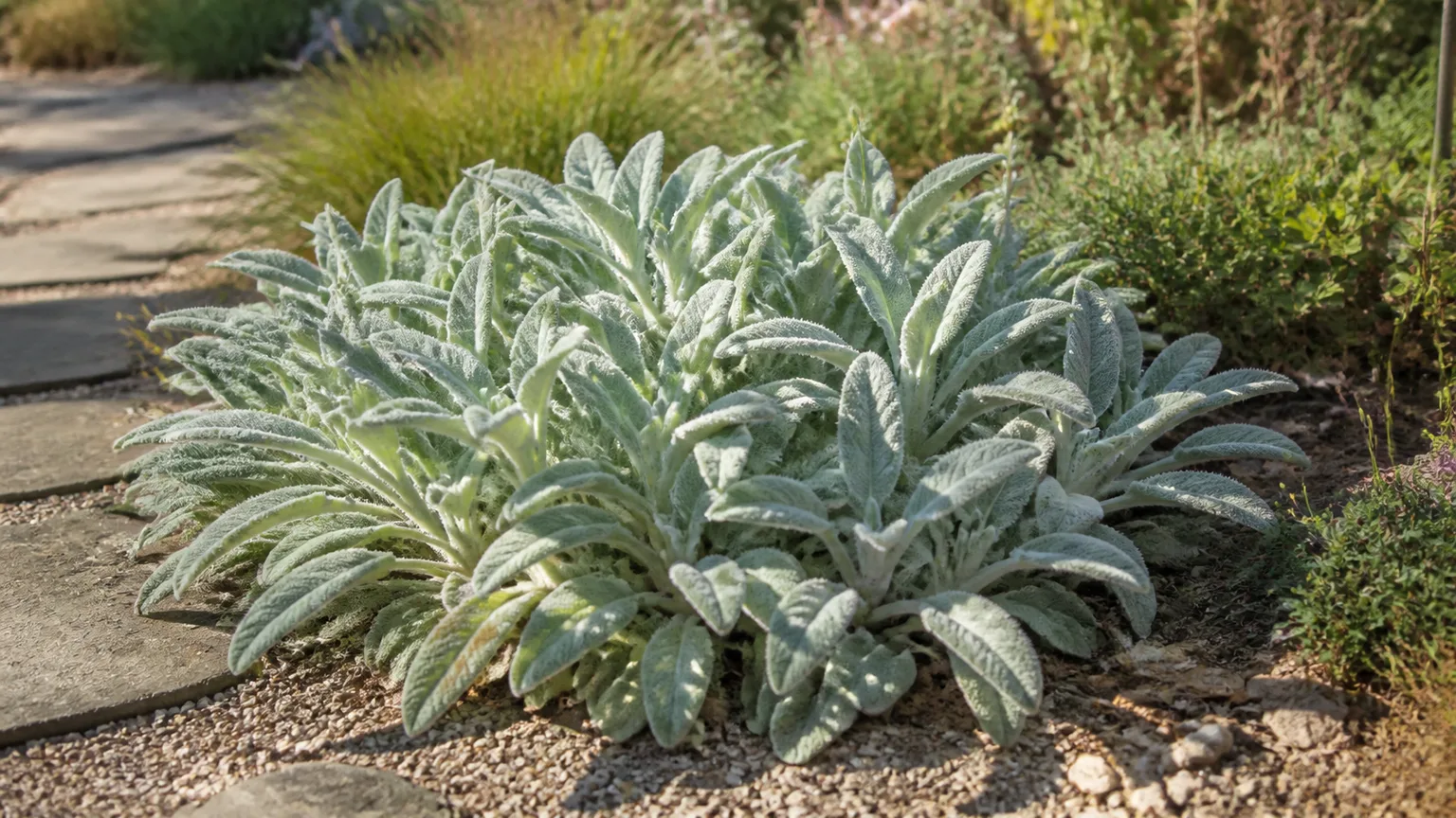Healthy lamb's ear forming a silvery, velvety groundcover in a sunny, gravelly garden border