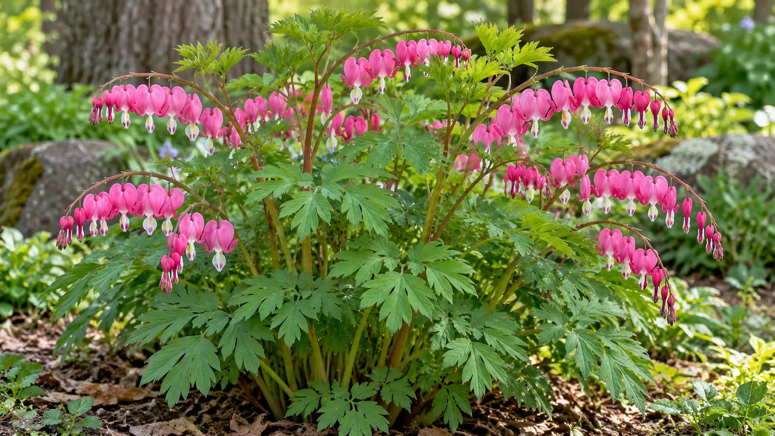Pink heart-shaped blooms of Lamprocapnos spectabilis above fernlike leaves