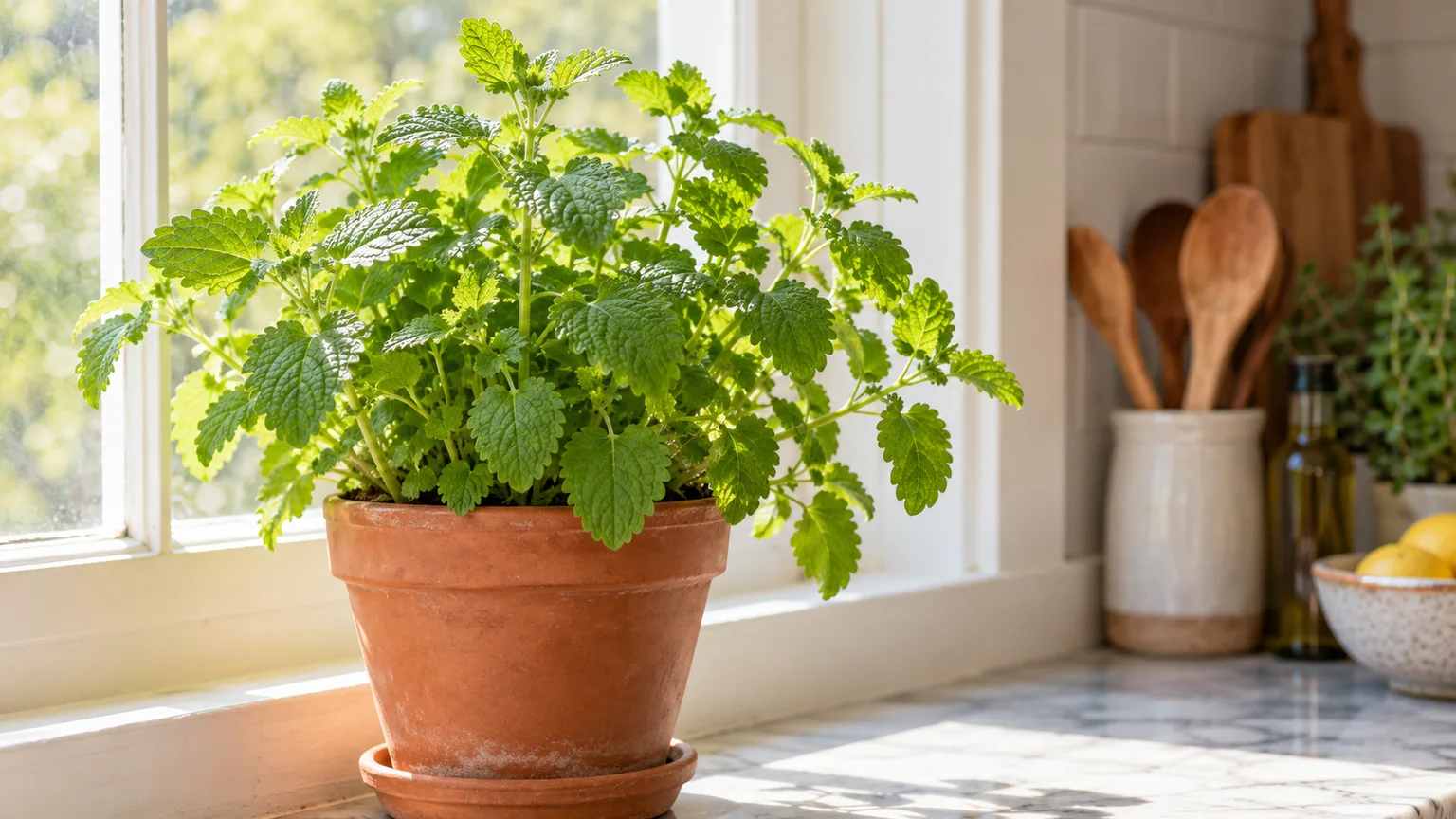 Healthy lemon balm with paired, scalloped green leaves in a terracotta pot on a bright windowsill.