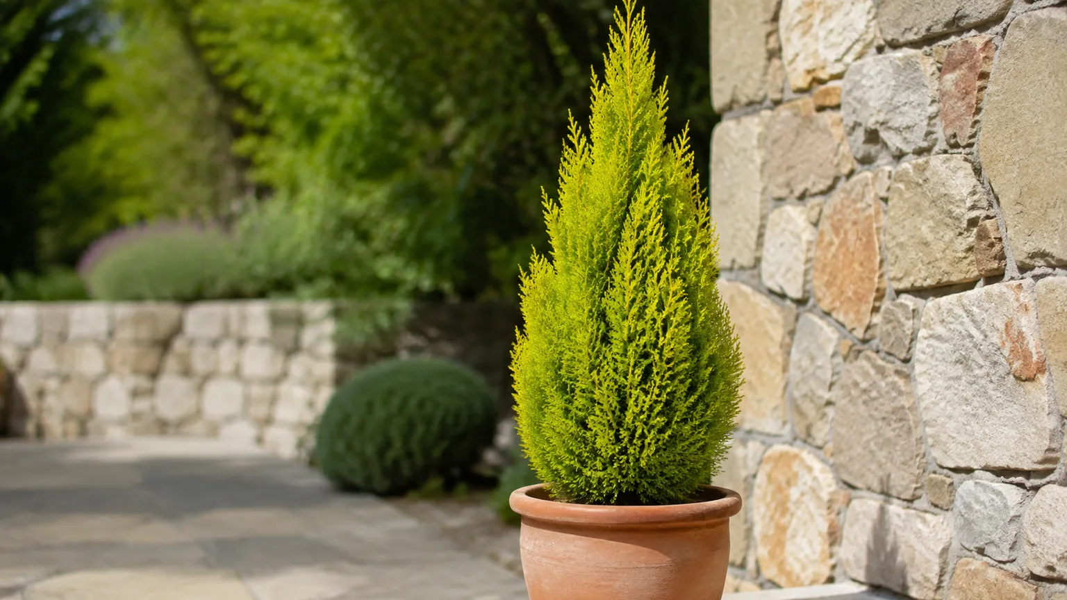 Healthy lemon cypress with bright chartreuse foliage in a terracotta pot