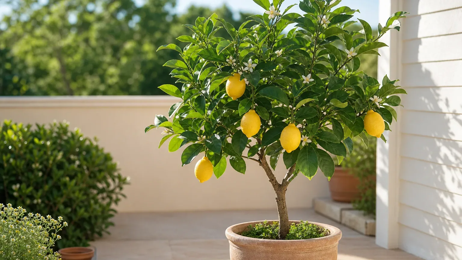 Lemon tree with glossy evergreen leaves, white flowers, and ripe yellow fruit