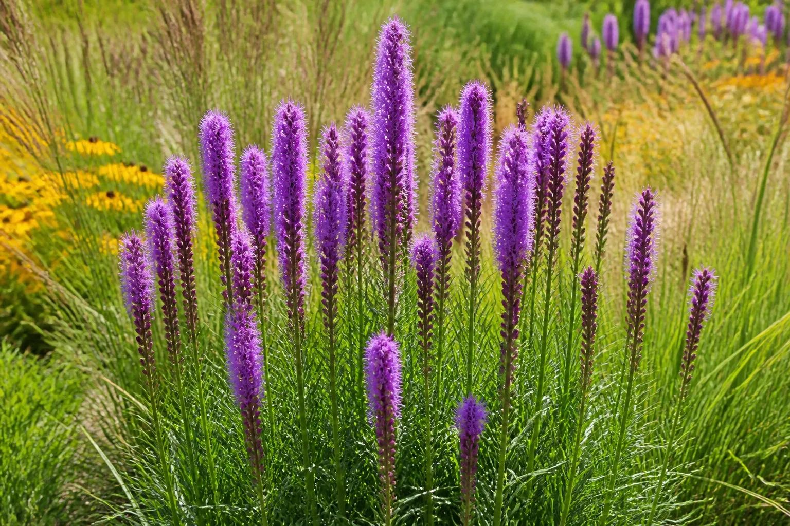 Purple liatris blazing star flower spikes blooming top-down in a sunny prairie border