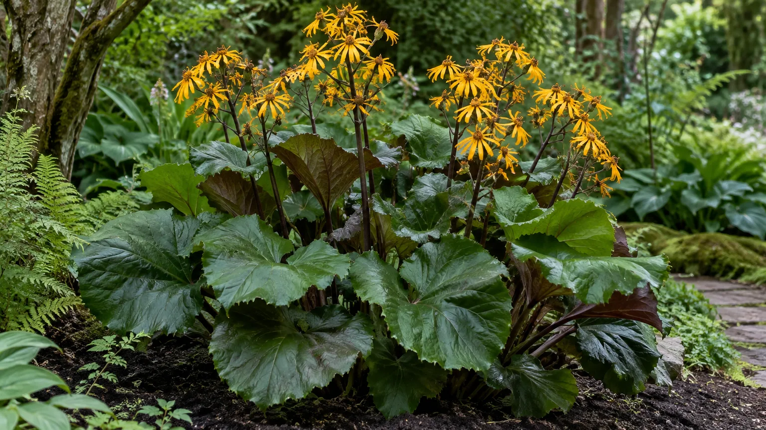 Healthy Ligularia dentata with broad, dark rounded leaves and yellow-orange daisy-like flowers in a shaded garden