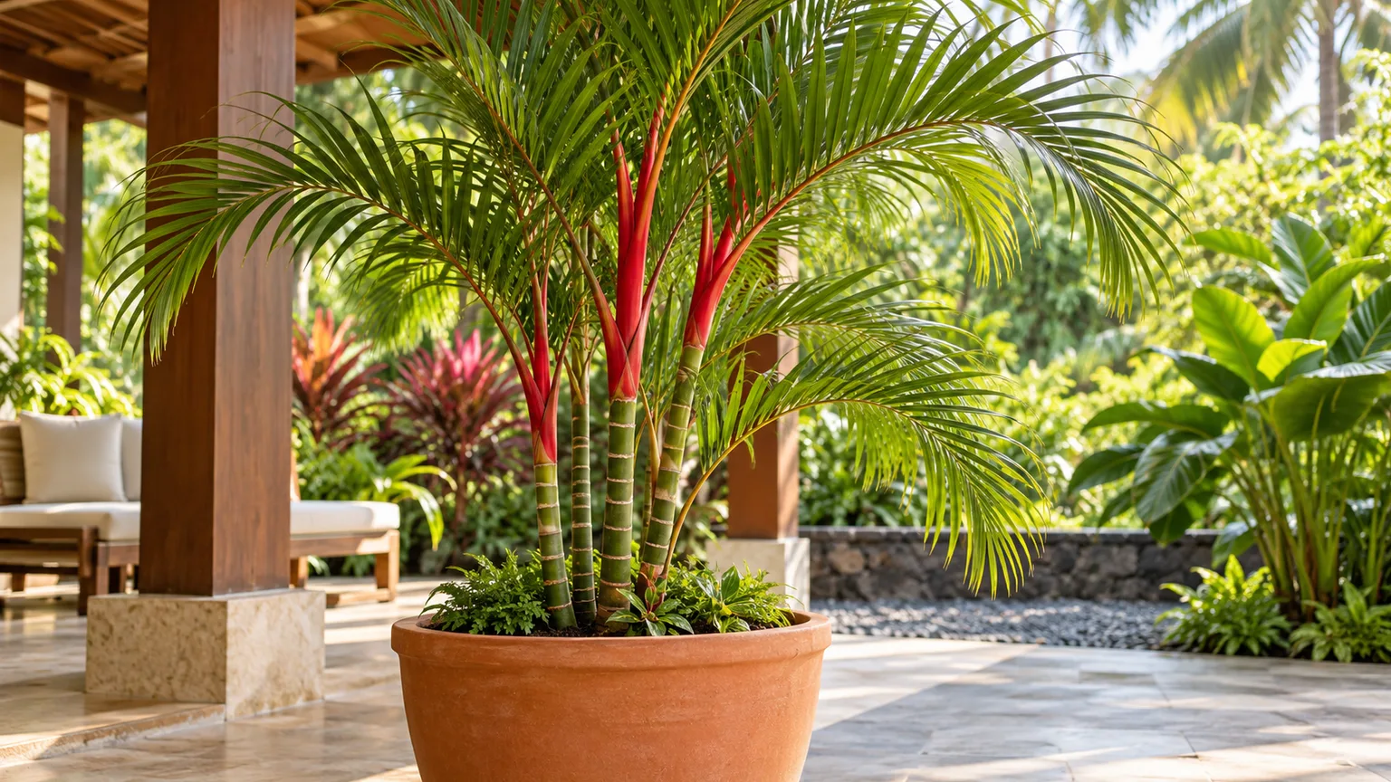 Healthy lipstick palm with scarlet crownshafts and green feathered fronds
