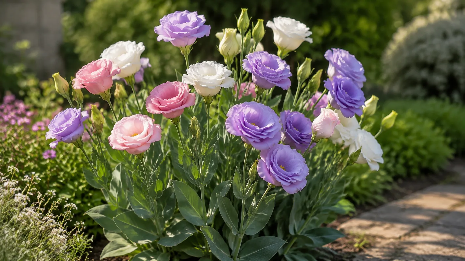 Healthy lisianthus plants with lavender, pink, and white rose-like flowers in a sunny garden bed