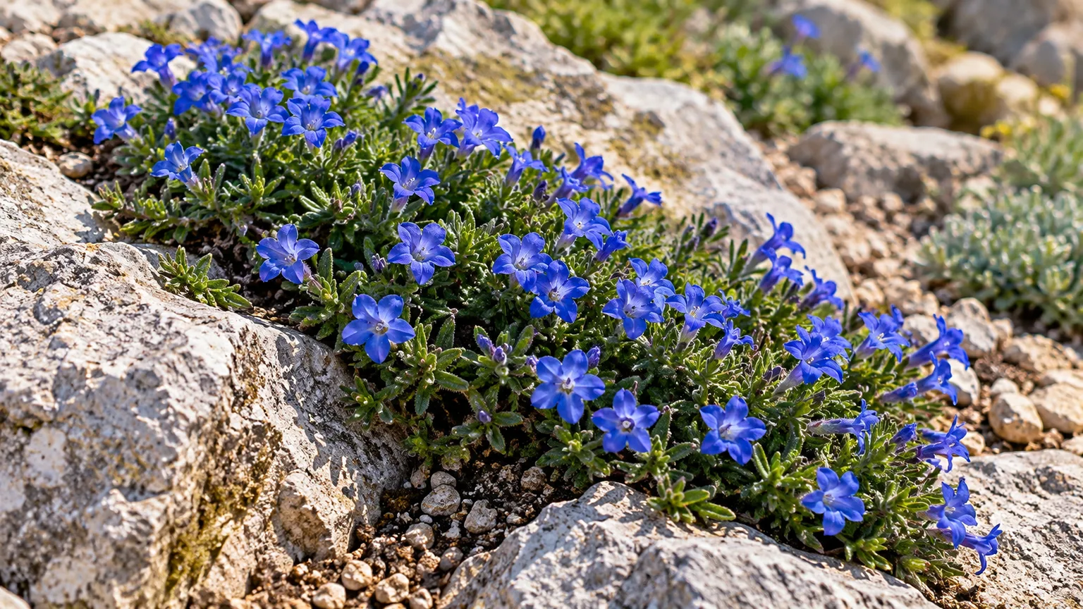 Low Lithodora mat with vivid blue flowers growing between pale rocks