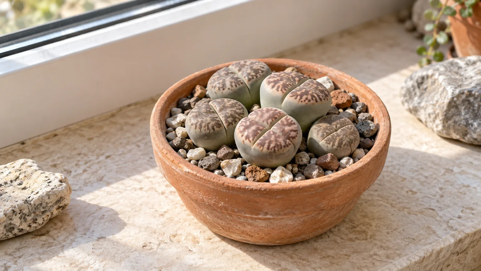 Cluster of Lithops living stones with paired mottled succulent leaves in a gravel-topped pot