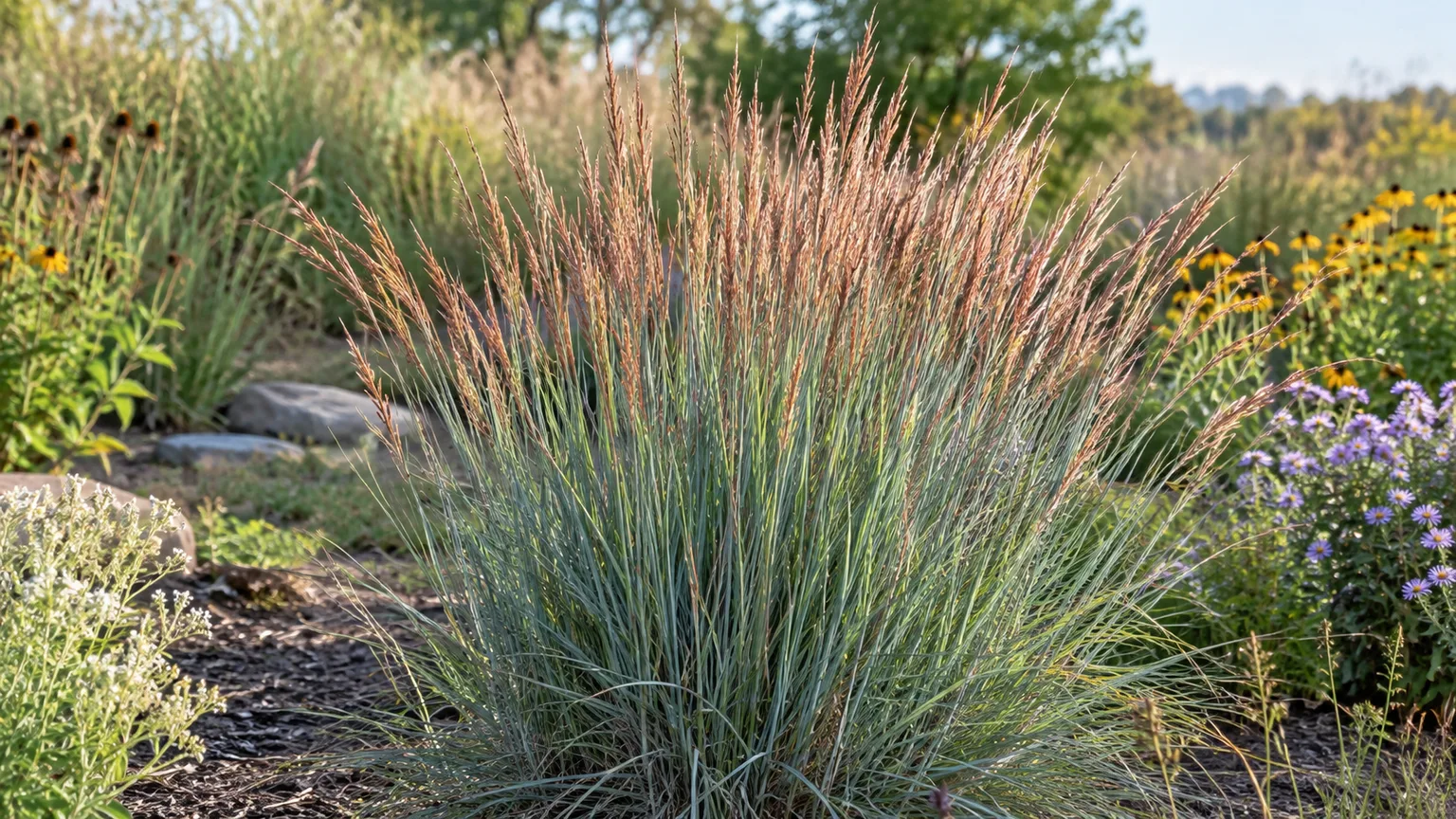 Little bluestem with blue-green blades and bronze seed heads in a sunny native garden