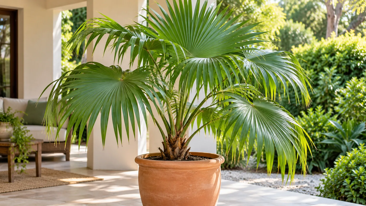Chinese fan palm with broad fountain-shaped green fronds in a sunny subtropical patio