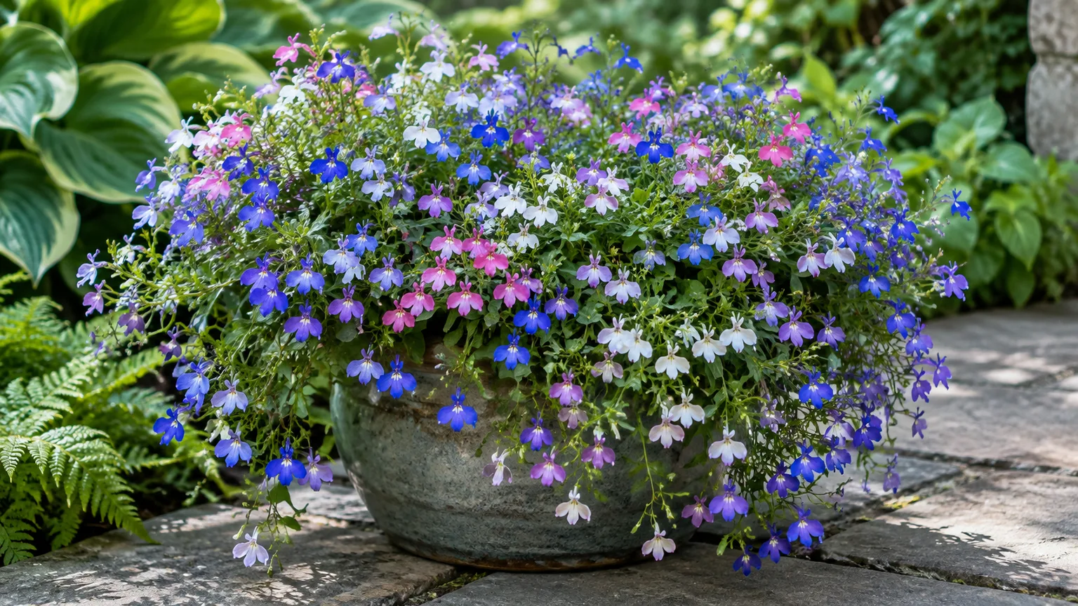 Blue Lobelia erinus flowers spilling from a shaded pot