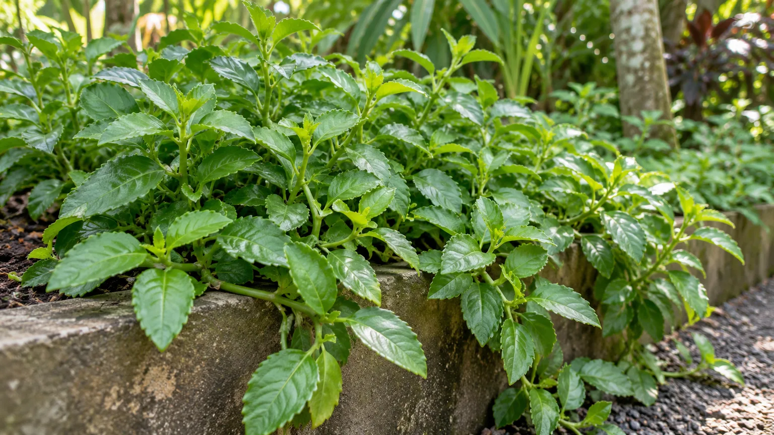 Healthy Gynura procumbens with fleshy green leaves and trailing stems in a shaded garden