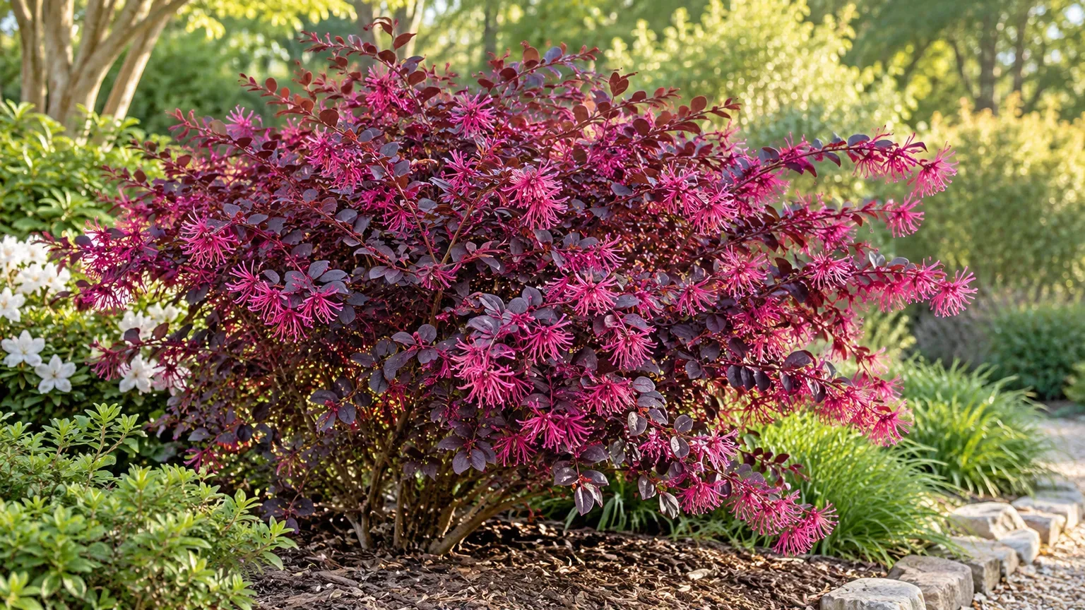 Chinese fringe flower with burgundy leaves and pink fringe-like blooms