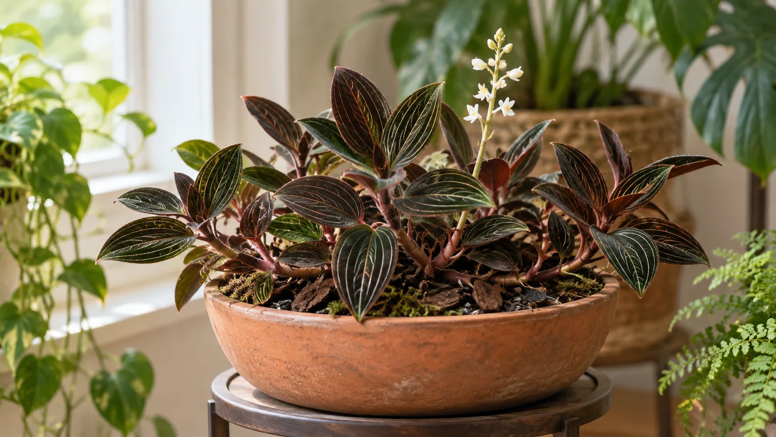 Healthy jewel orchid with velvety veined leaves and a white flower spike