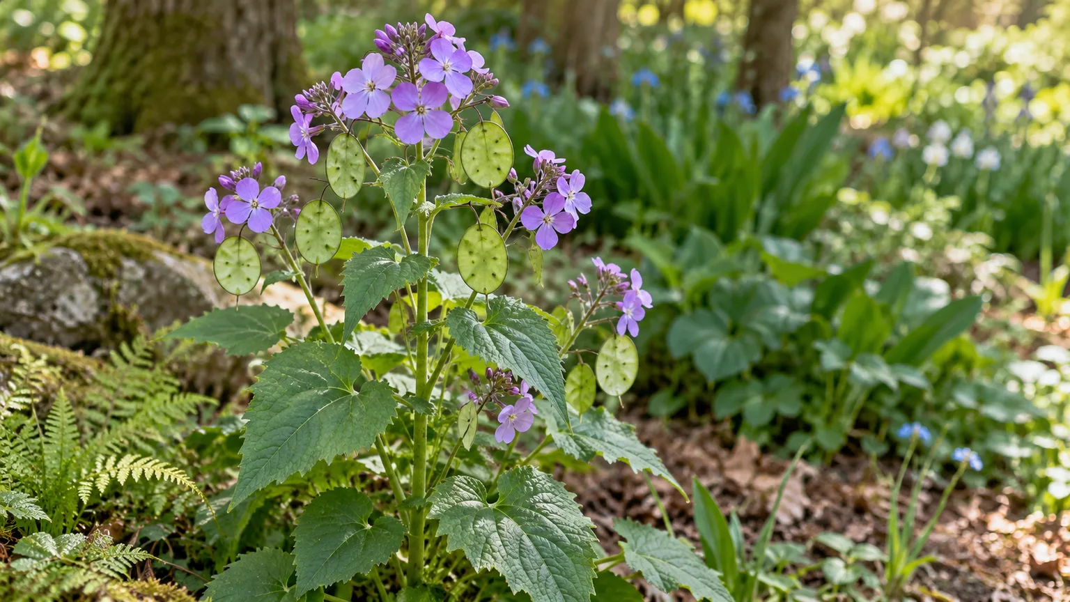 Lunaria annua with lilac flowers and round green seed pods in a lightly shaded garden bed