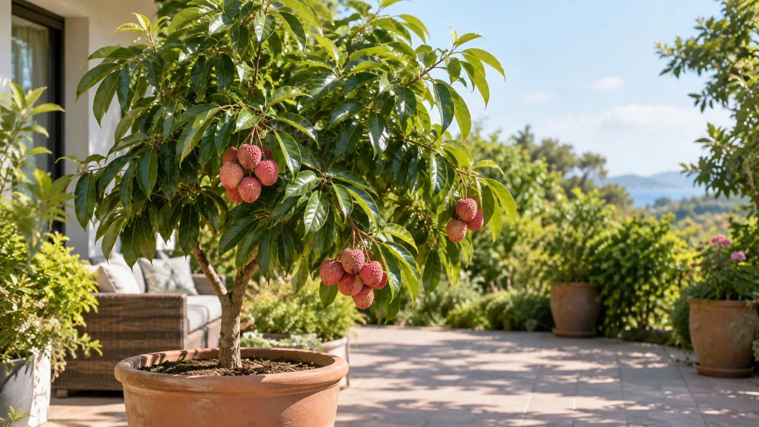 Healthy lychee tree with glossy leaves and clusters of pink-red fruit in a sunny patio garden