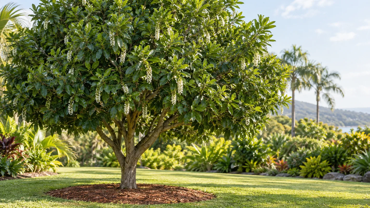 Mature macadamia tree with glossy foliage and white flower racemes in a subtropical garden