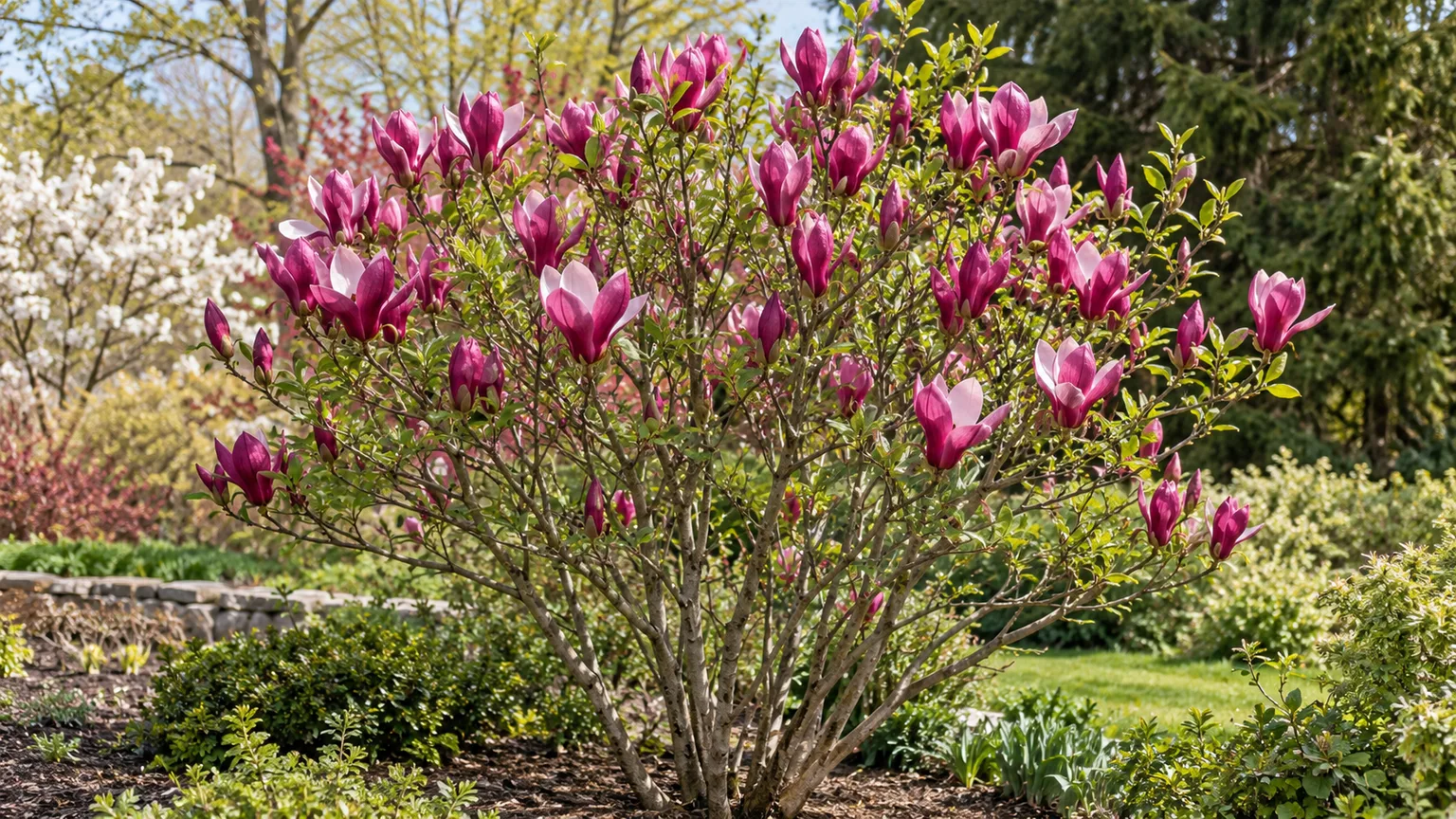 Magnolia ‘Ann’ with upright reddish-purple flowers on a compact multi-stem shrub