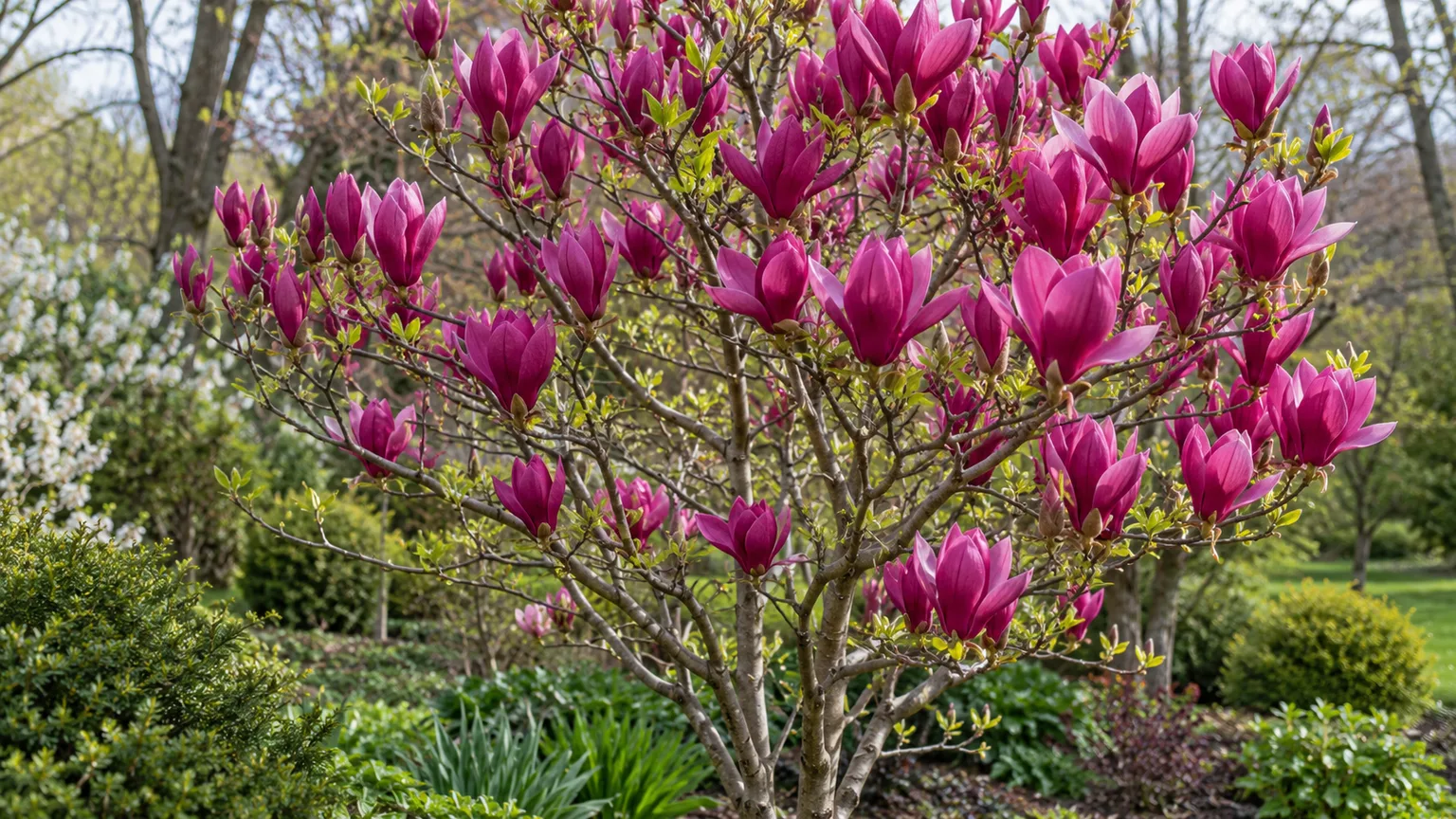 Jane magnolia with rose-purple cup-shaped flowers on bare branches in a spring garden